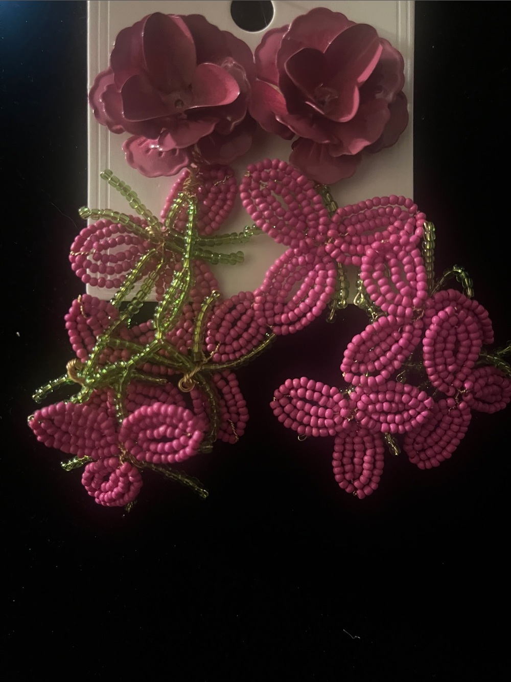 Beaded Pink Floral Statement Earrings